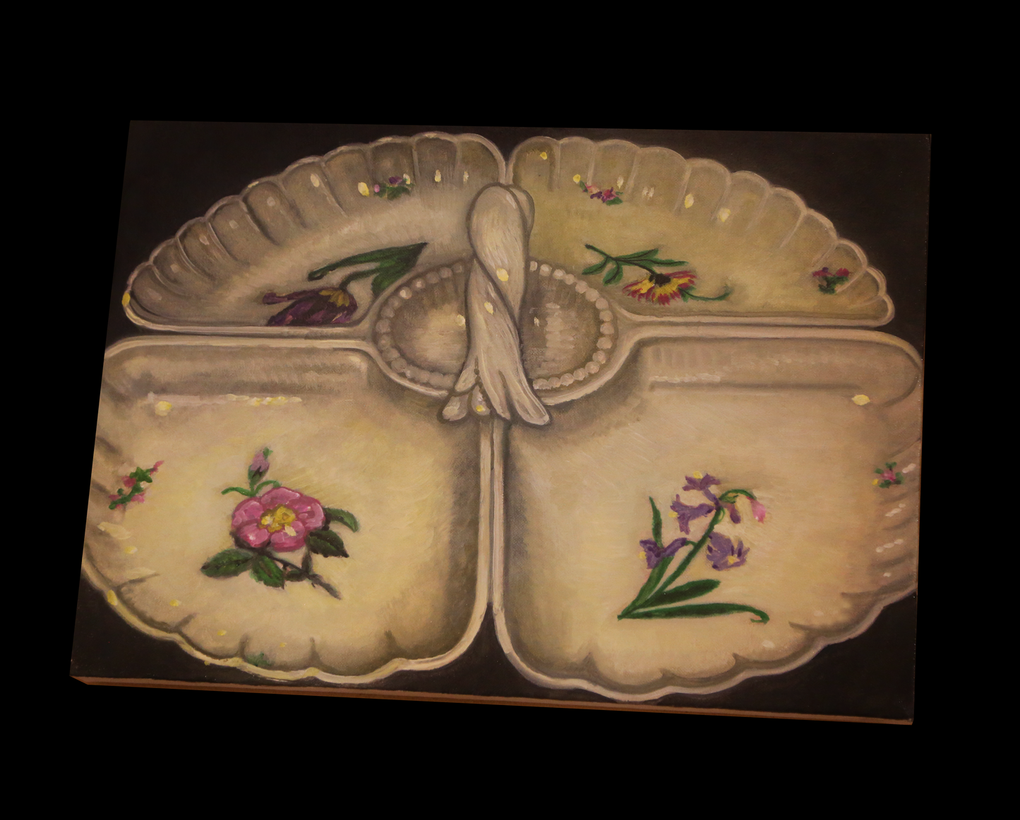 Oil painting of a porcelain dish with floral designs on a black background