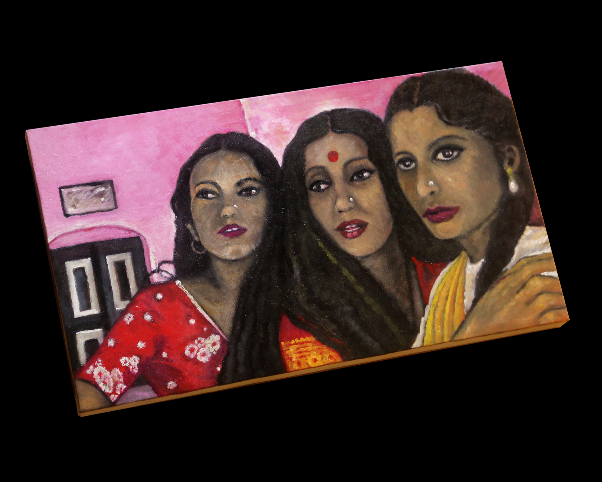 Original Oil Painting of three women with a pink background